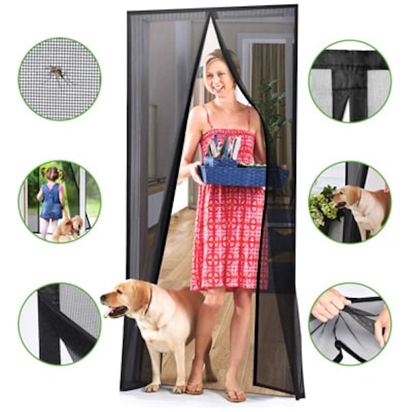 A black magnetic mesh screen door closed across a doorway